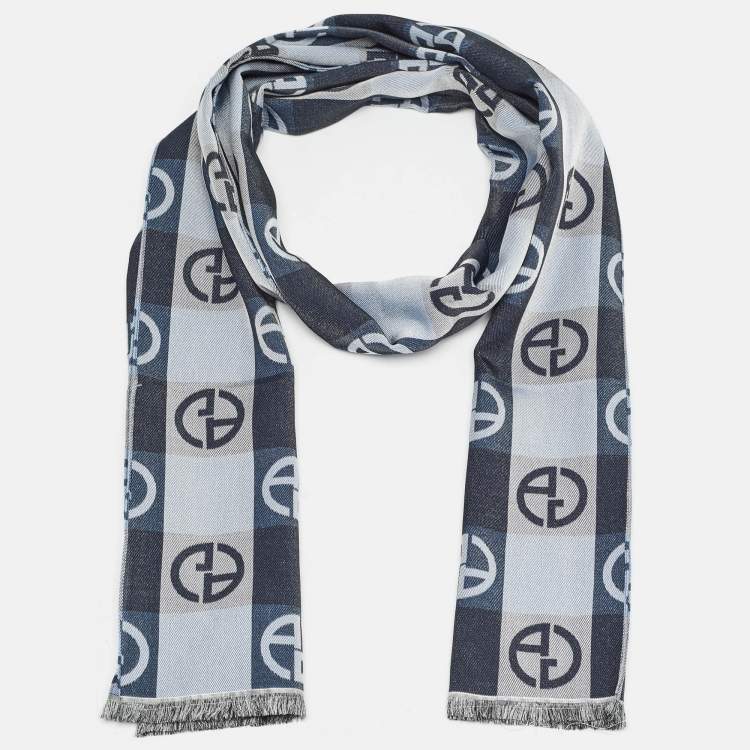 Pre Owned Giorgio Armani Blue Monogram Silk and Cotton Scarf 