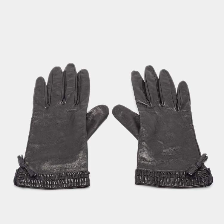 Pre Owned Giorgio Armani Black Leather Ruffled Bow Gloves M