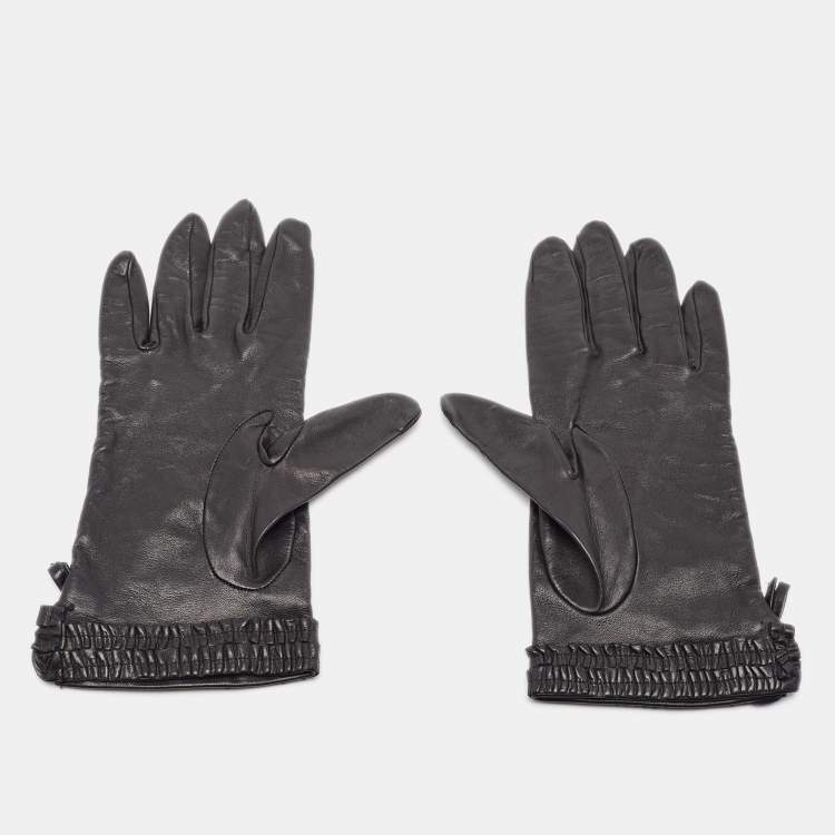 Pre Owned Giorgio Armani Black Leather Ruffled Bow Gloves M