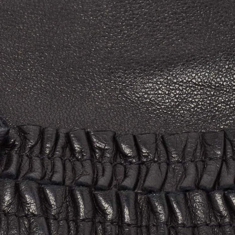 Pre Owned Giorgio Armani Black Leather Ruffled Bow Gloves M
