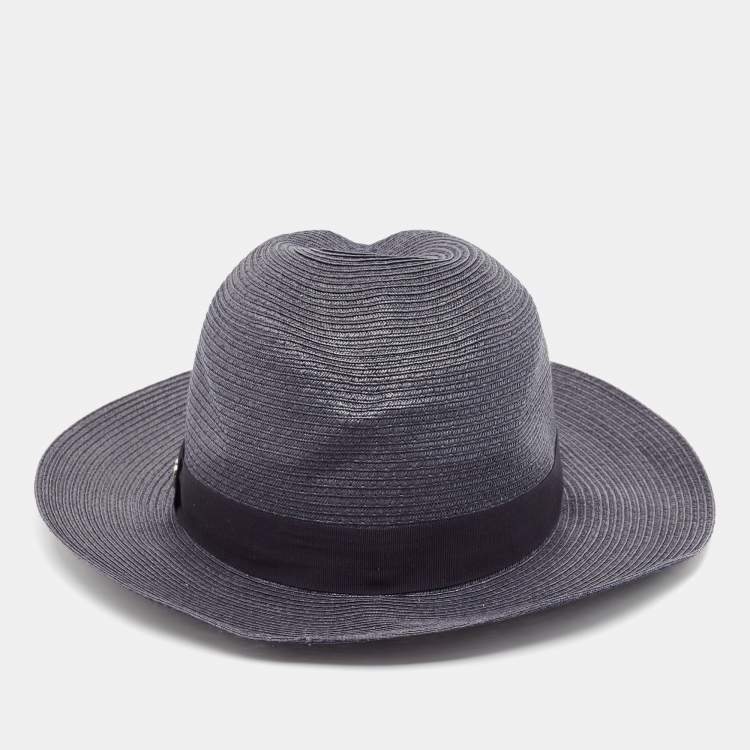 Pre Owned Emporio Armani Grey Logo-Plaque Woven Raffia Sun Hat