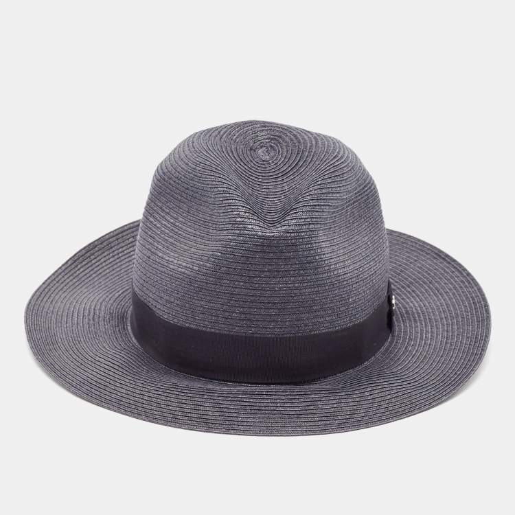 Pre Owned Emporio Armani Grey Logo-Plaque Woven Raffia Sun Hat