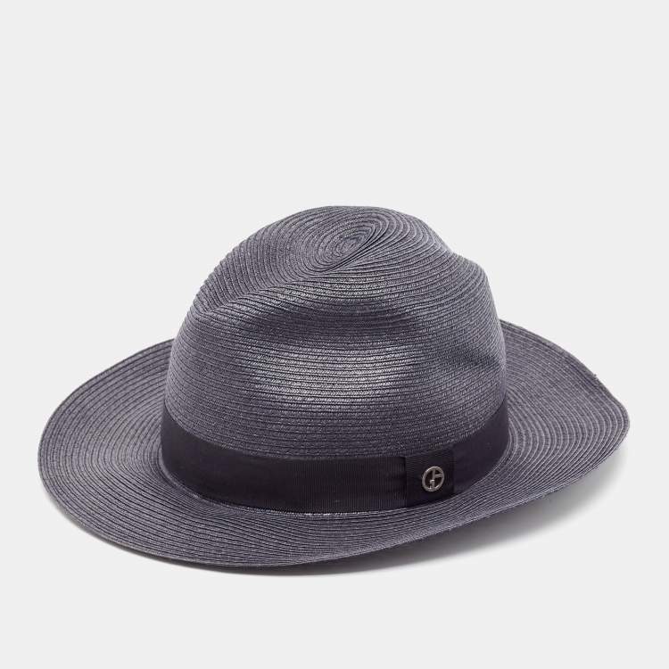 Pre Owned Emporio Armani Grey Logo-Plaque Woven Raffia Sun Hat