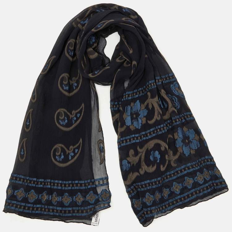 Pre Owned Giorgio Armani Le Collezioni Black Paisley Embroidered Silk Chiffon Stole 