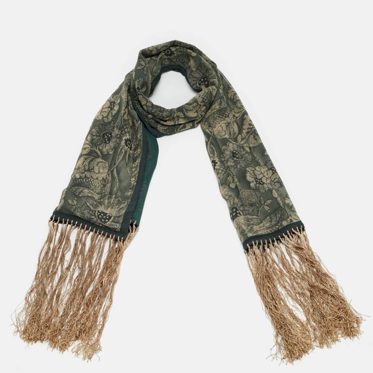 Pre Owned Giorgio Armani Le Collezioni Green Print Silk Fringed Scarf