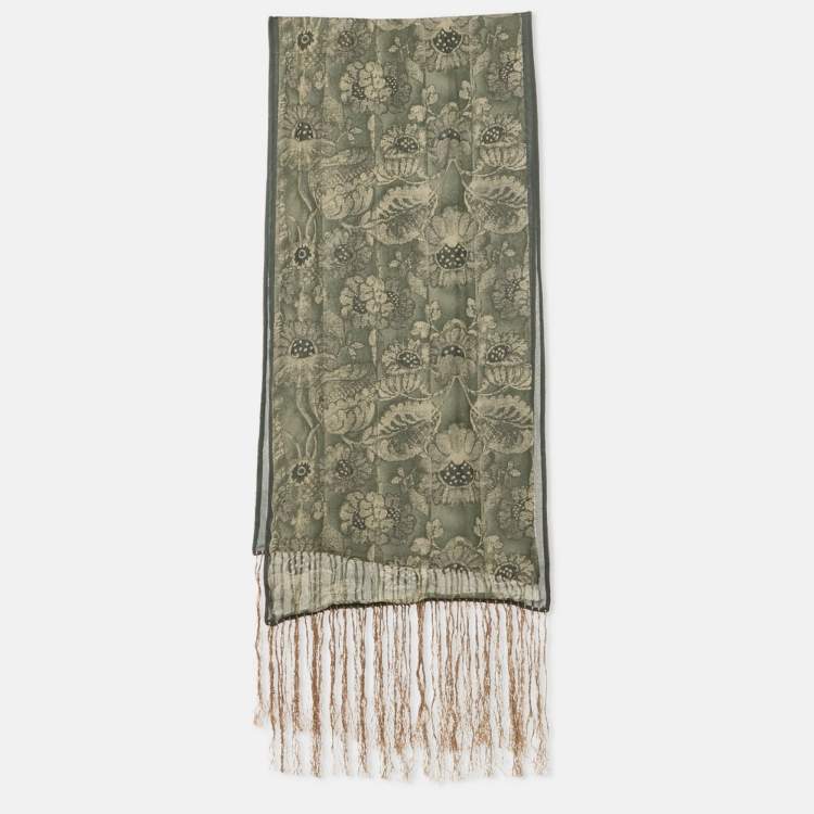 Pre Owned Giorgio Armani Le Collezioni Green Print Silk Fringed Scarf