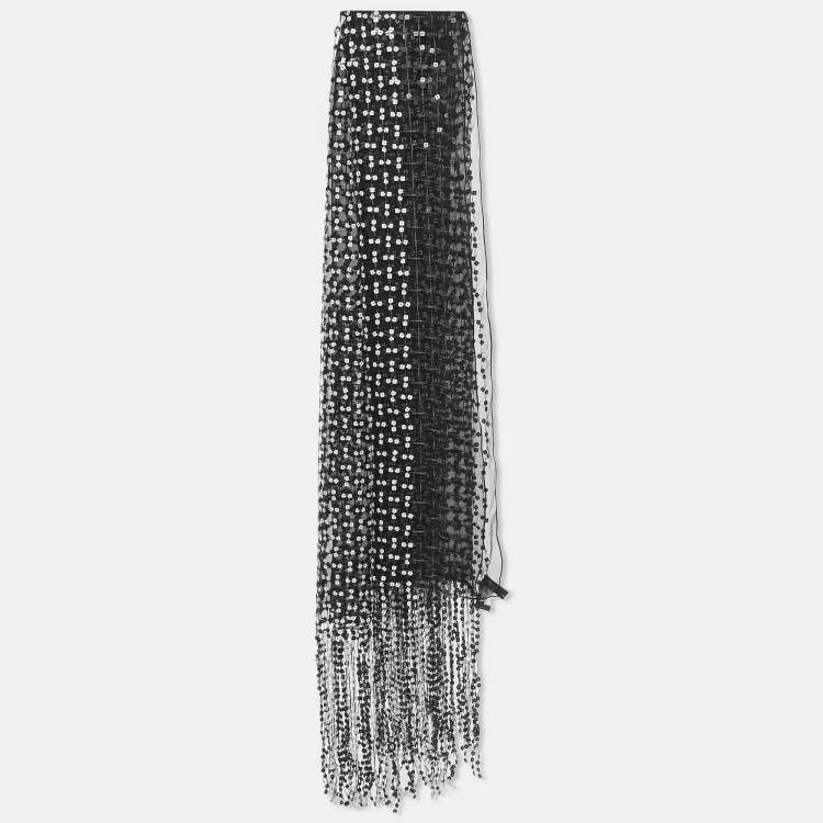 Pre Owned Giorgio Armani Black Sequin Crepe Fringed Stole