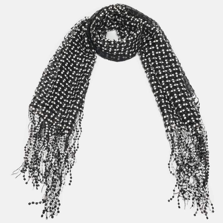Pre Owned Giorgio Armani Black Sequin Crepe Fringed Stole