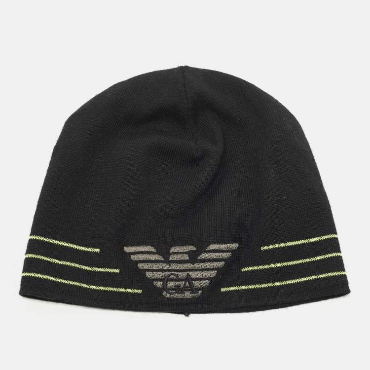 Pre Owned Giorgio Armani Black Logo Embroidered Wool Beanie S