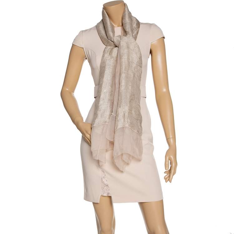 Pre Owned Giorgio Armani Beige Silk & Linen Metallic Jacquard Scarf