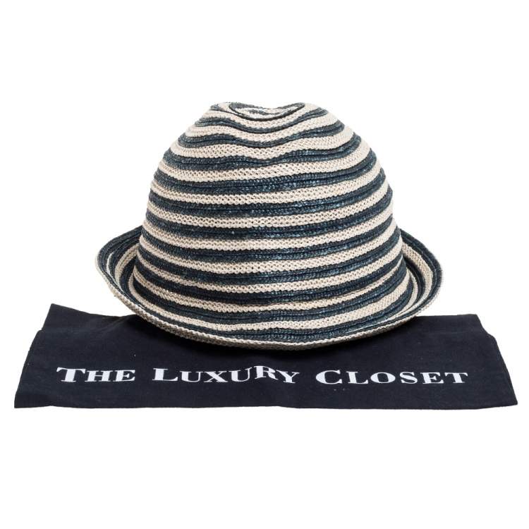 Pre Owned Giorgio Armani Ivory & Green Striped Straw Bucket Hat
