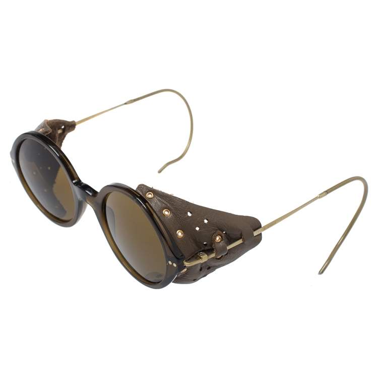مملوكة مسبقًا Giorgio Armani Brown/ Olive Green AR8017RZ Leather Retro Motorcycle Sunglasses