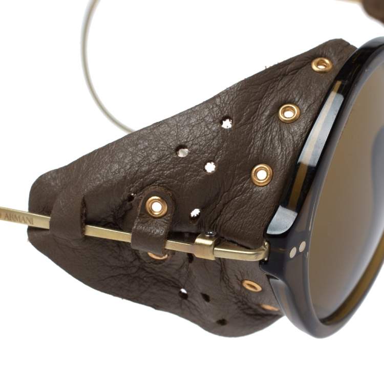 مملوكة مسبقًا Giorgio Armani Brown/ Olive Green AR8017RZ Leather Retro Motorcycle Sunglasses