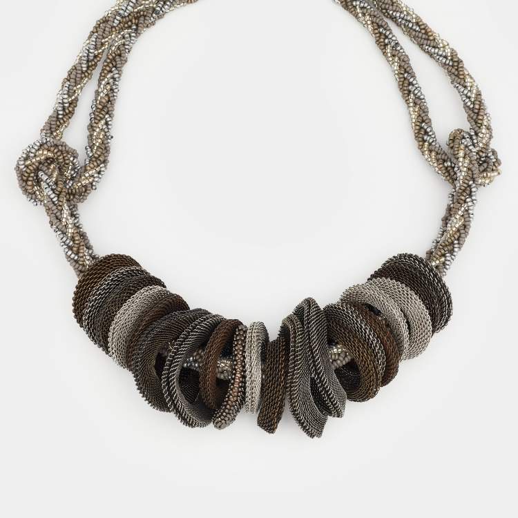 Pre Owned Giorgio Armani Three Tone Bead & Mesh Toggle Necklace