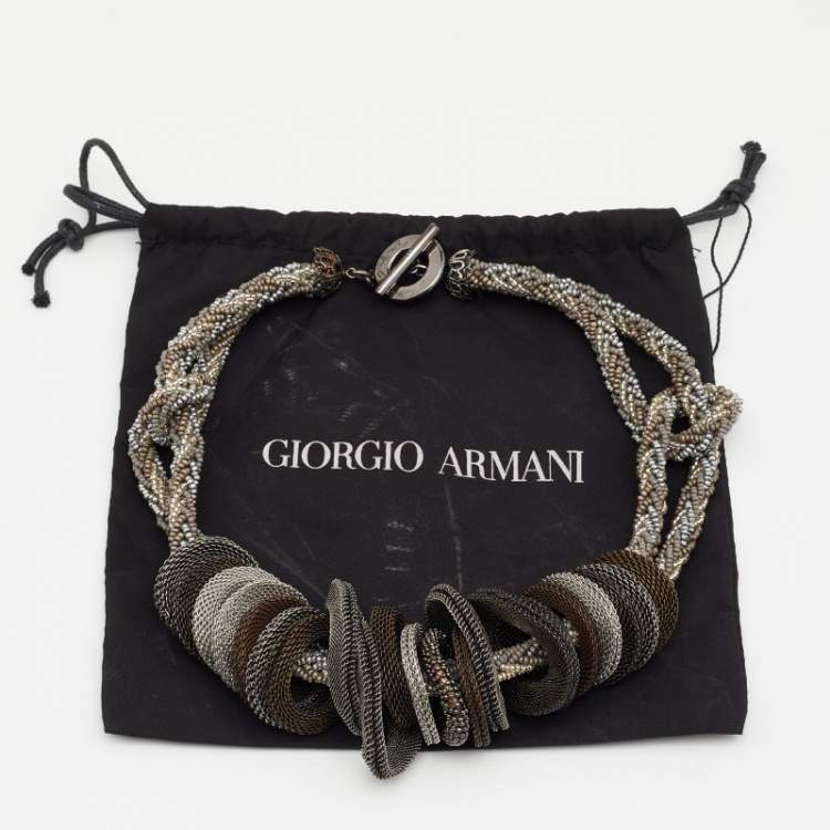 Pre Owned Giorgio Armani Three Tone Bead & Mesh Toggle Necklace