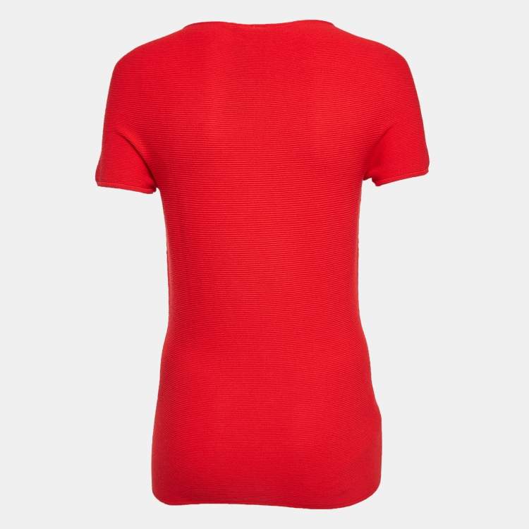 Pre Owned Giorgio Armani Red Rib Knit Short Sleeve Top M