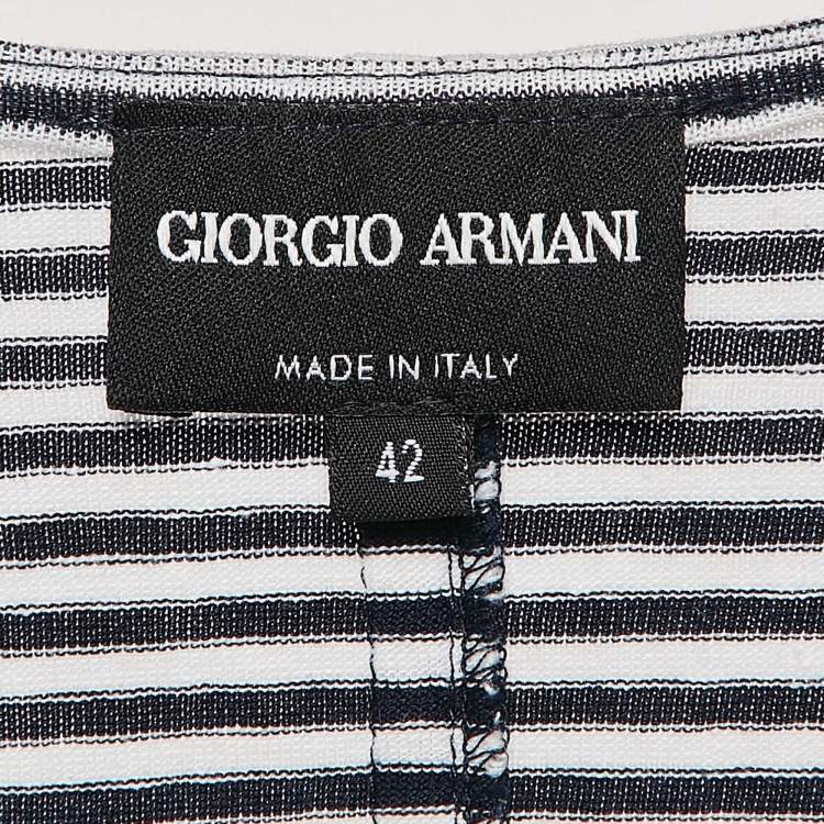 Pre Owned Giorgio Armani Navy Blue/White Stripe Knit Tie-Up Neck Top M