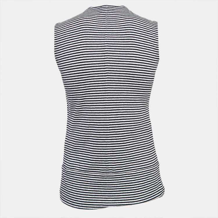 Pre Owned Giorgio Armani Navy Blue/White Stripe Knit Tie-Up Neck Top M