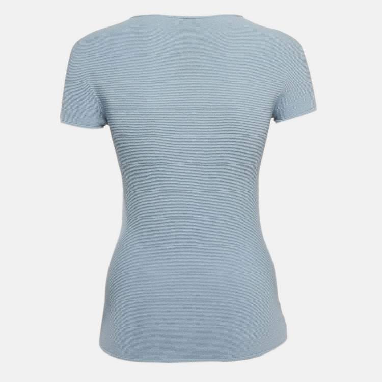 Pre Owned Giorgio Armani Blue Stripe Textured Jersey Short Sleeve Top M
