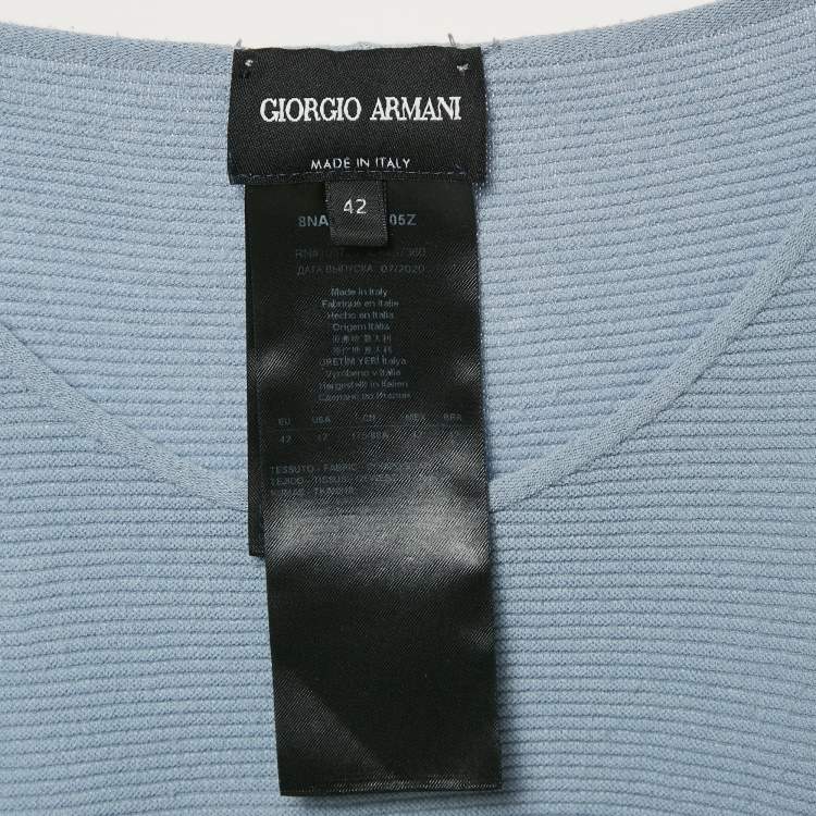 Pre Owned Giorgio Armani Blue Stripe Textured Jersey Short Sleeve Top M