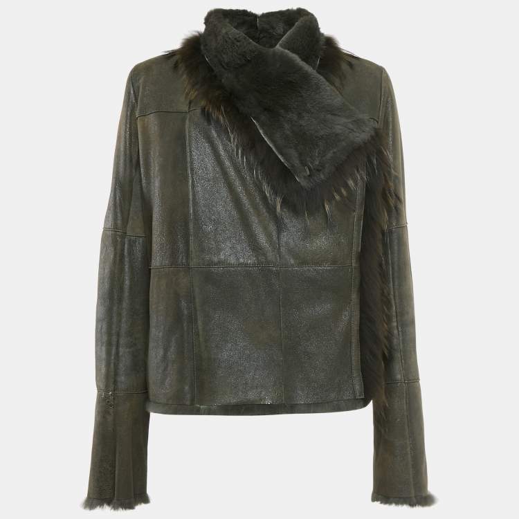 Pre Owned Meteo Khaki Green Rabbit Leather and Fur Jacket S