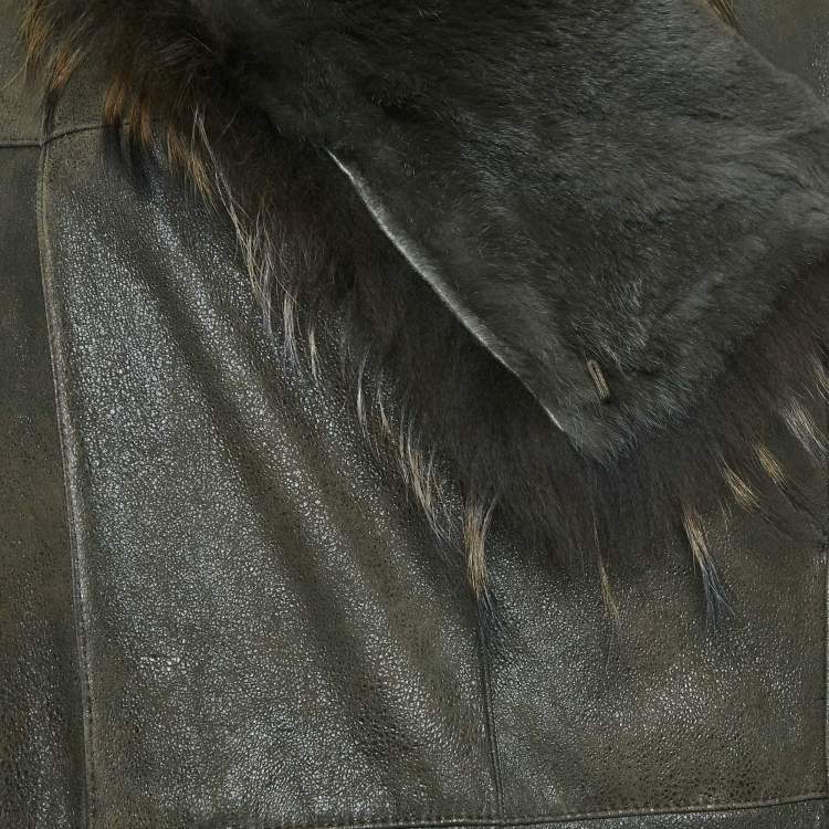 Pre Owned Meteo Khaki Green Rabbit Leather and Fur Jacket S