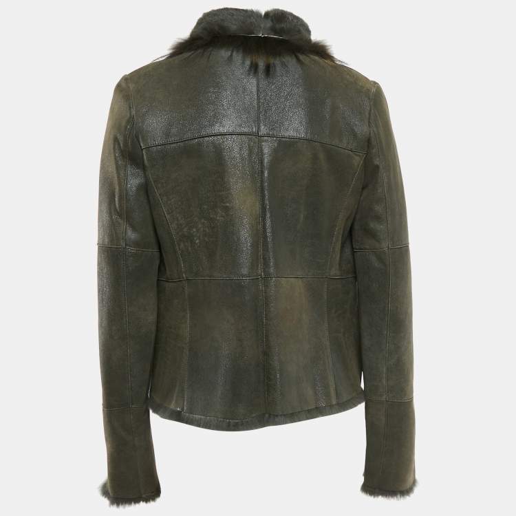 Pre Owned Meteo Khaki Green Rabbit Leather and Fur Jacket S