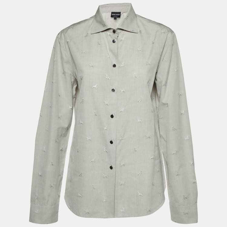 Pre Owned Giorgio Armani Grey Dog Pattern Dobby Cotton Button Front Shirt L