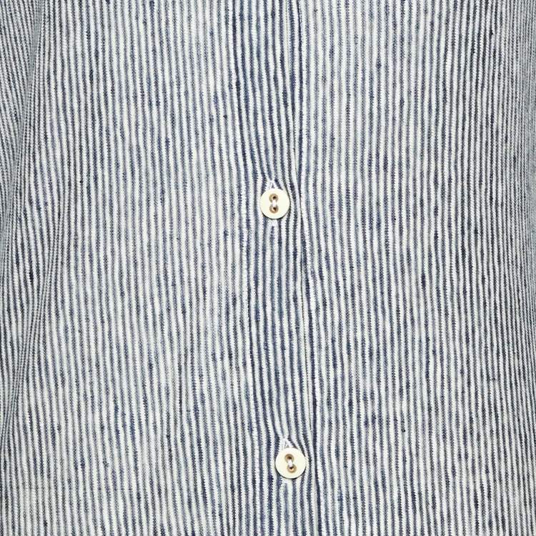 Pre Owned Giorgio Armani Navy Blue/White Linen and Cotton Knit Long Shirt Dress M