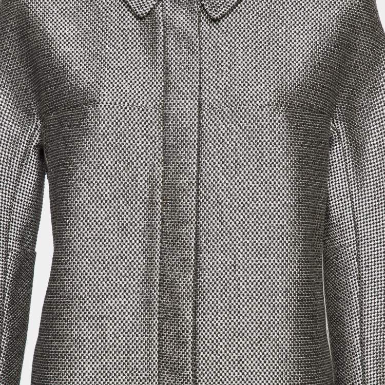 Pre Owned Giorgio Armani Grey/Black Basket Weave Zip-Up Overcoat M