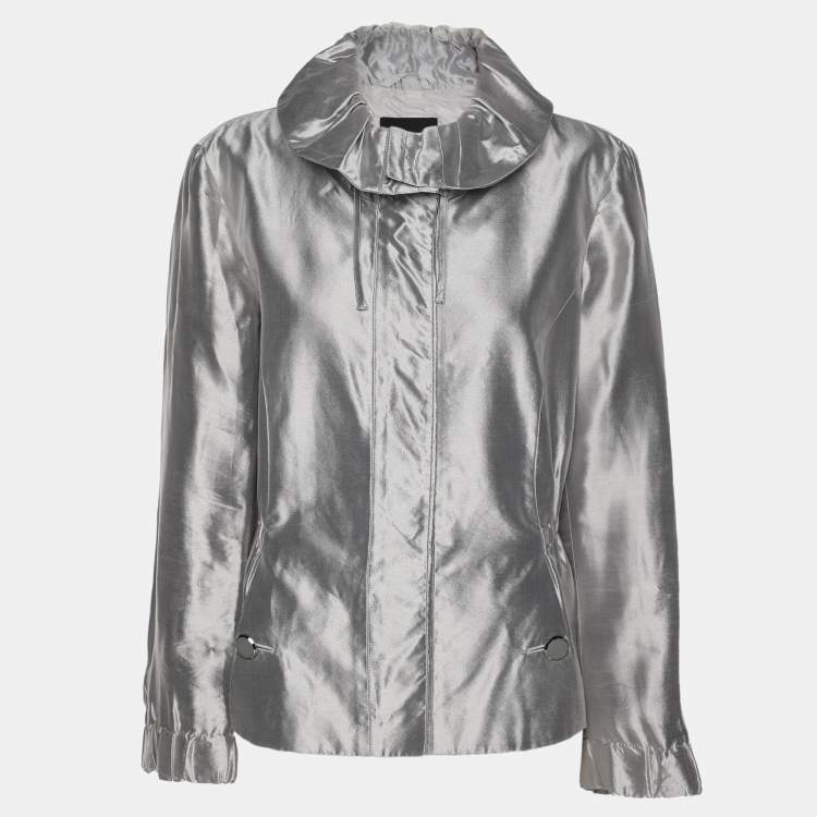 Pre Owned Giorgio Armani Silver Silk Zipped Jacket M