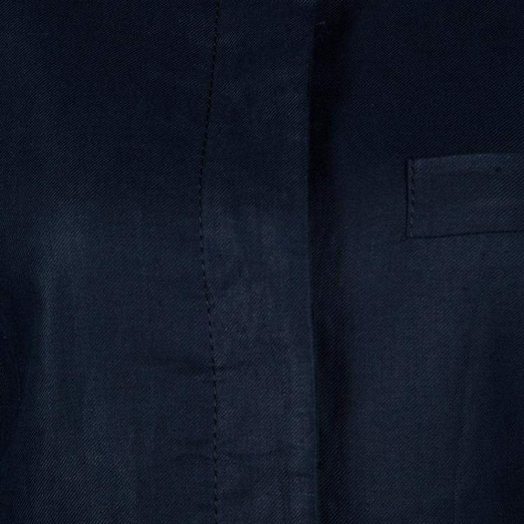 Pre Owned Giorgio Armani Navy Blue Linen Mandarin Collar Blazer M