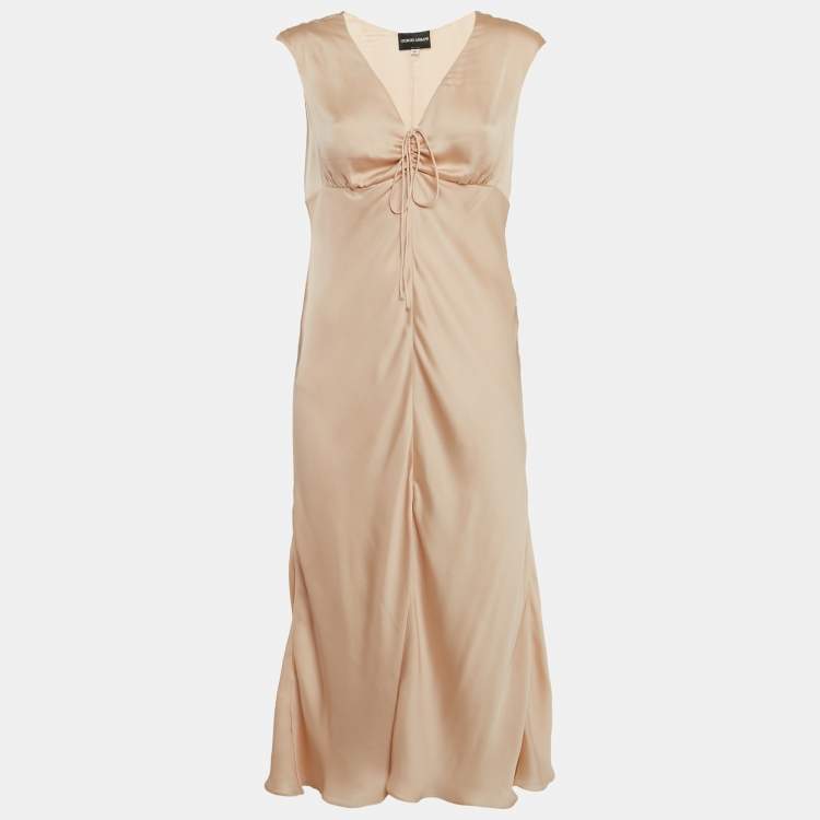 Pre Owned Giorgio Armani Pink Satin Silk Ruche Neck Midi Dress L