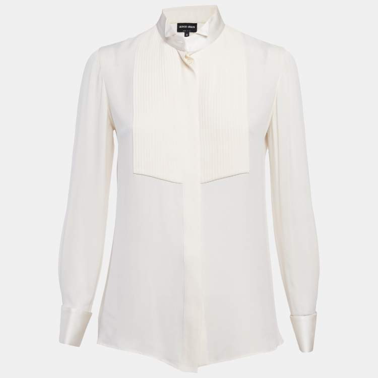 Pre Owned Giorgio Armani Off-White Tuxedo Button Front Blouse S
