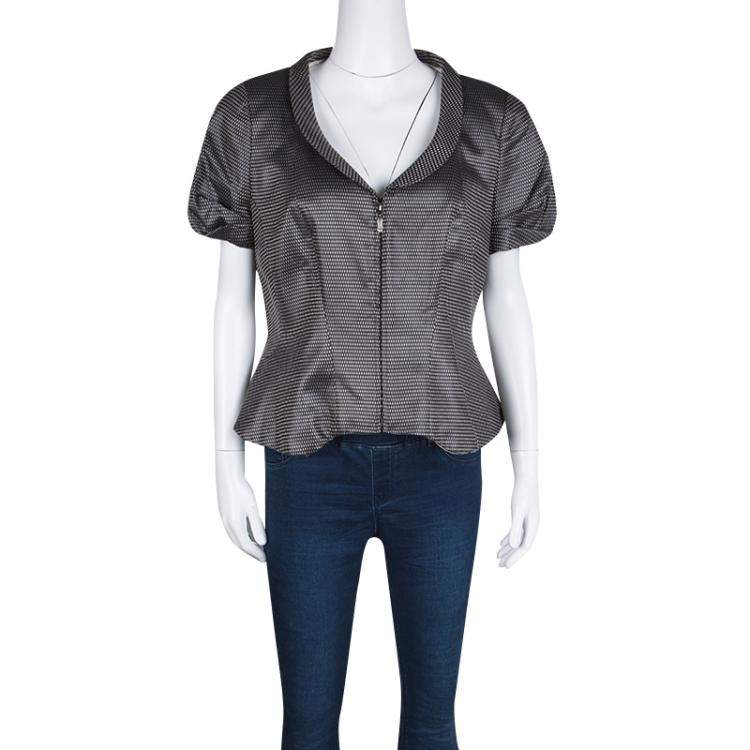 Pre Owned Giorgio Armani Dark Grey Dotted Jacquard Short Sleeve Zip Front Jacket L
