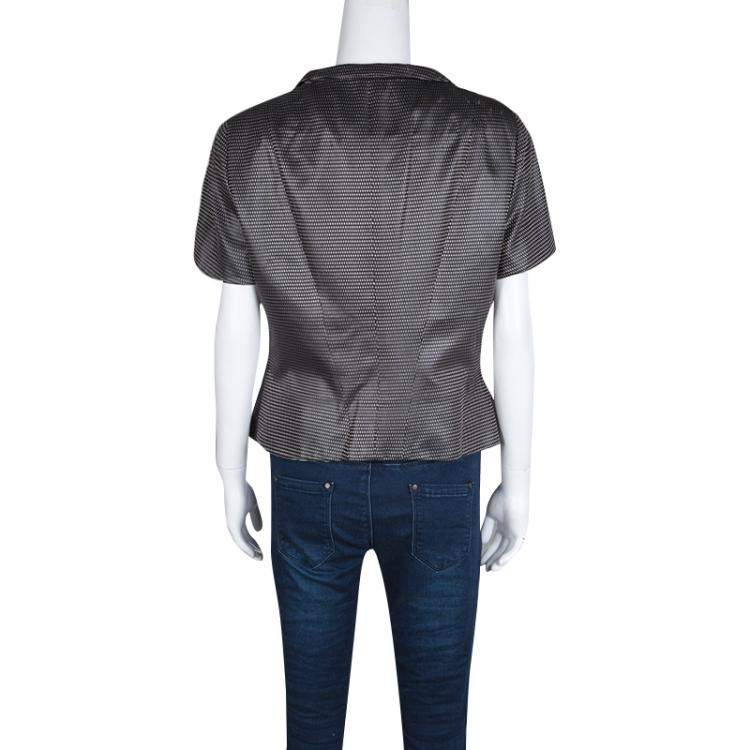 Pre Owned Giorgio Armani Dark Grey Dotted Jacquard Short Sleeve Zip Front Jacket L