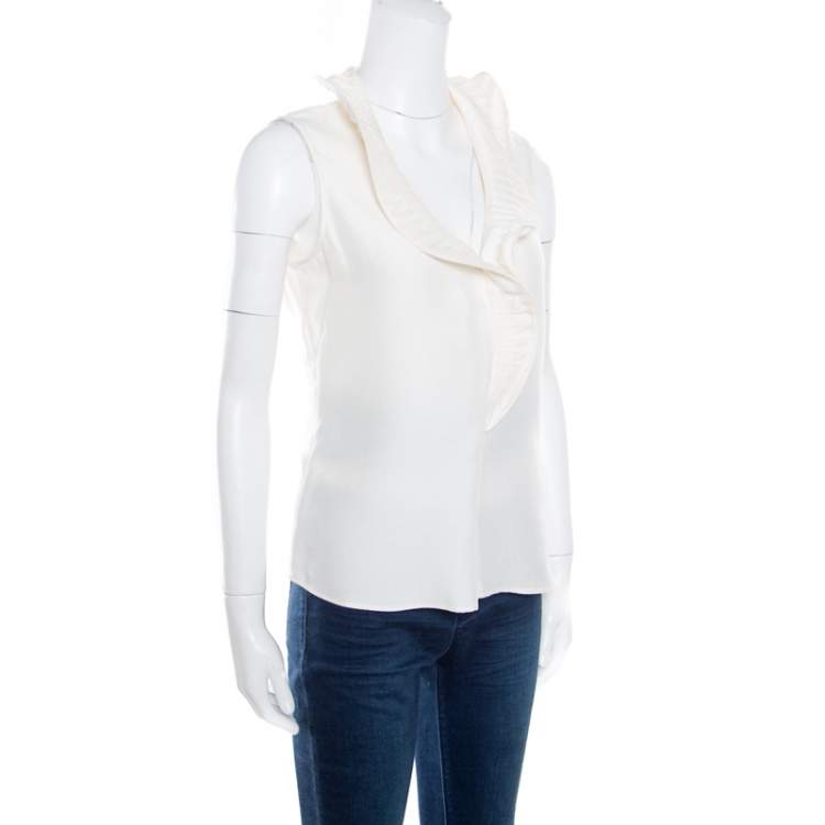 Pre Owned Giorgio Armani Cream Ruffled Sleeveless Top M