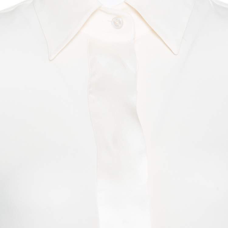 Pre Owned Giorgio Armani Cream Silk Crepe Satin Placket Detail Long Sleeve Blouse S