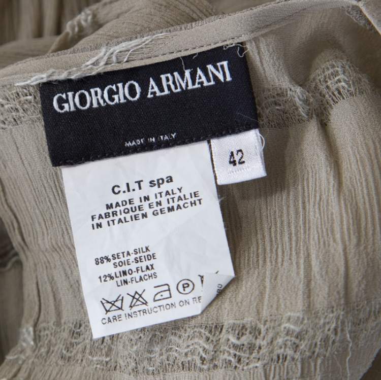 Pre Owned Giorgio Armani Sage Green Sheer Linen Silk Asymmetric Hem Long Sleeve Blouse M