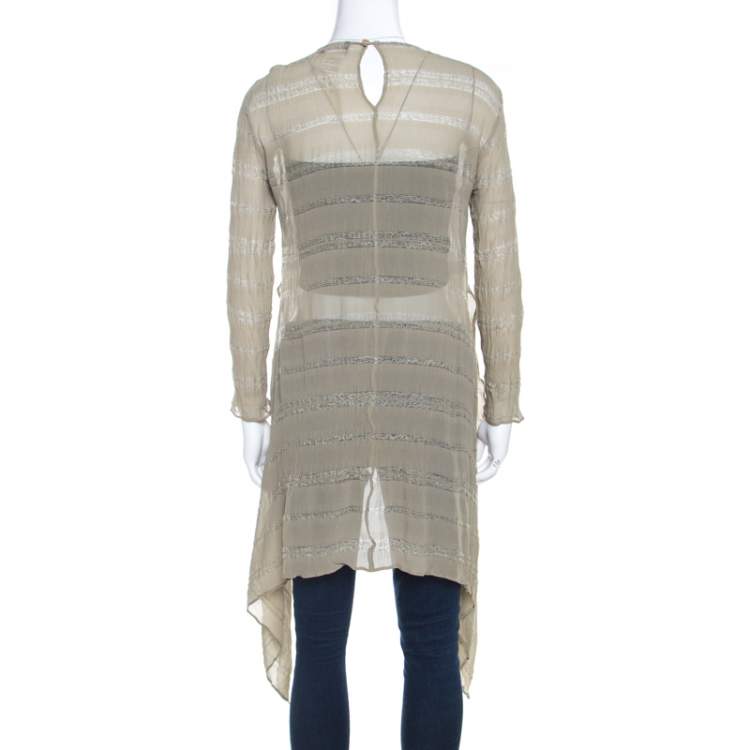 Pre Owned Giorgio Armani Sage Green Sheer Linen Silk Asymmetric Hem Long Sleeve Blouse M