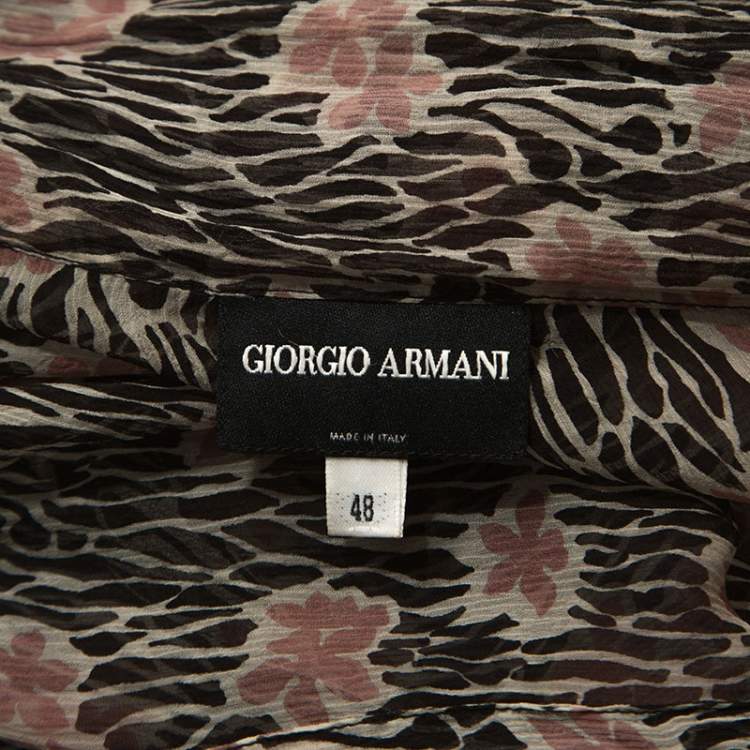 Pre Owned Giorgio Armani Black and Pink Floral Print Sheer Silk Blouse L