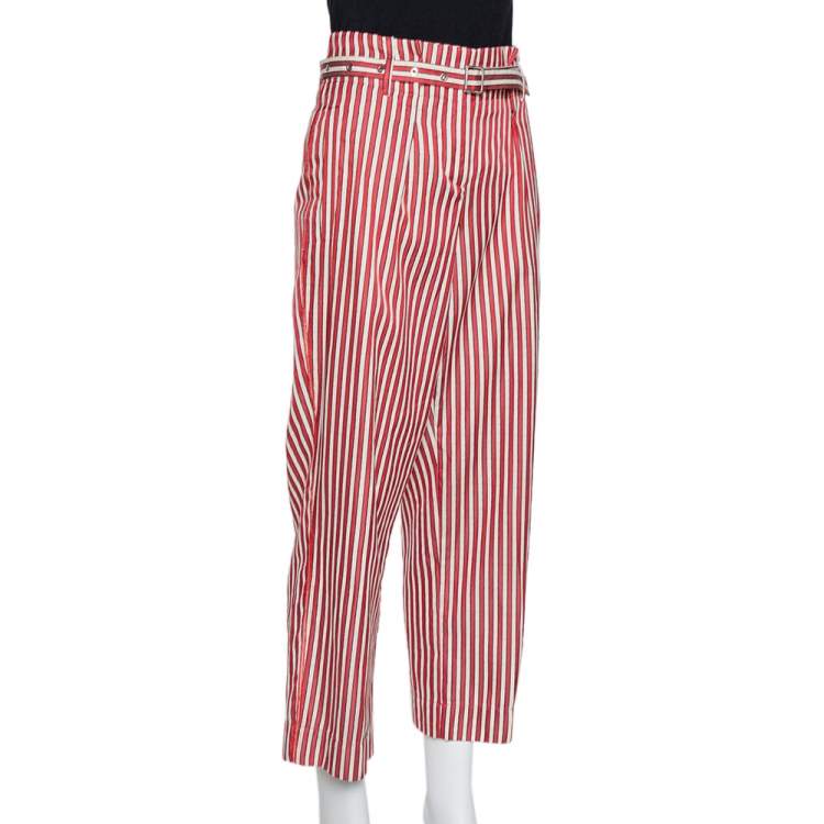 Pre Owned Giorgio Armani Red Striped Silk Blend High Waisted Cropped Trousers S