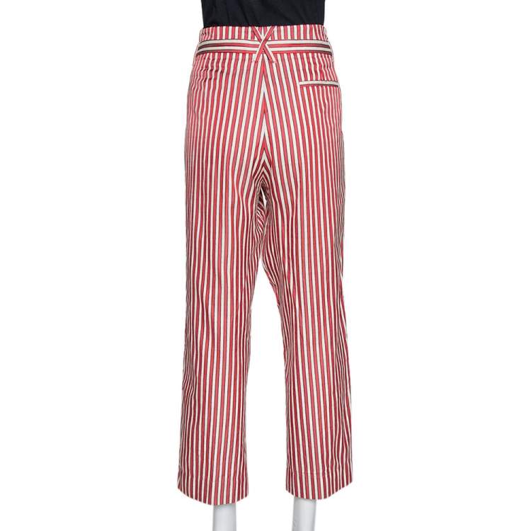 Pre Owned Giorgio Armani Red Striped Silk Blend High Waisted Cropped Trousers S