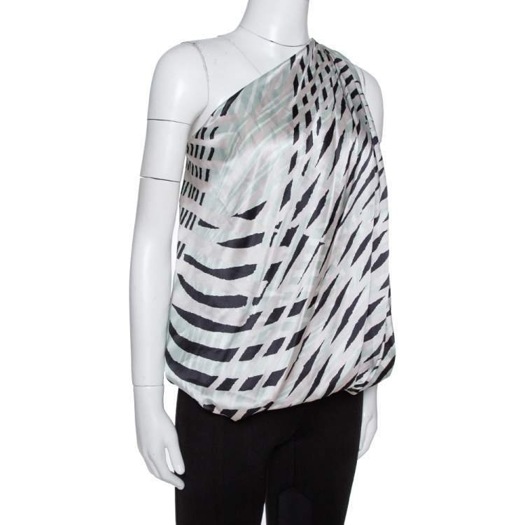 Pre Owned Giorgio Armani Light Grey Printed Silk Draped One-Shoulder Top M