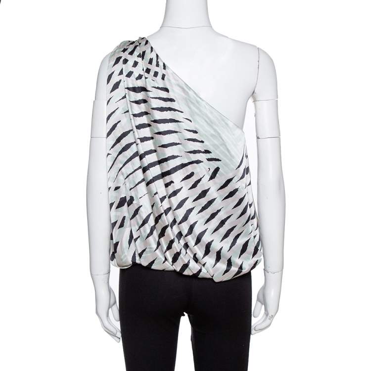 Pre Owned Giorgio Armani Light Grey Printed Silk Draped One-Shoulder Top M