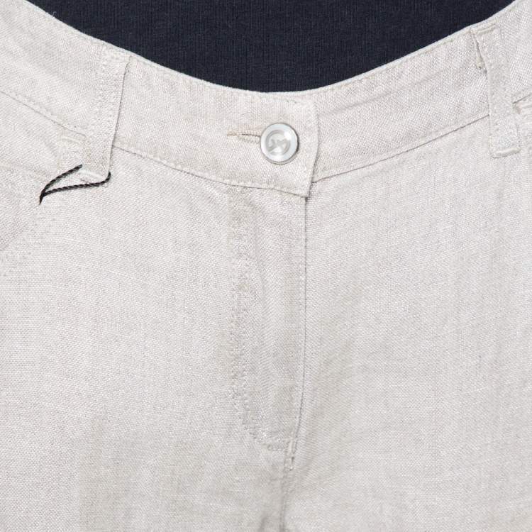 Pre Owned Giorgio Armani Silver Linen Logo Embellished Straight Leg Pants M