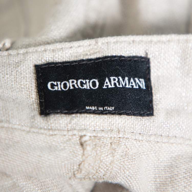 Pre Owned Giorgio Armani Silver Linen Logo Embellished Straight Leg Pants M