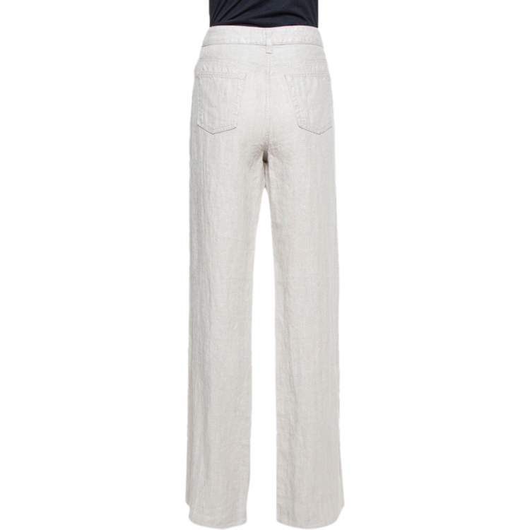Pre Owned Giorgio Armani Silver Linen Logo Embellished Straight Leg Pants M