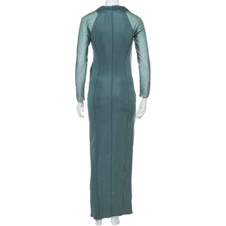 Pre Owned Giorgio Armani Dark Green Embellished Mesh & Knit Draped  Maxi Dress S 
