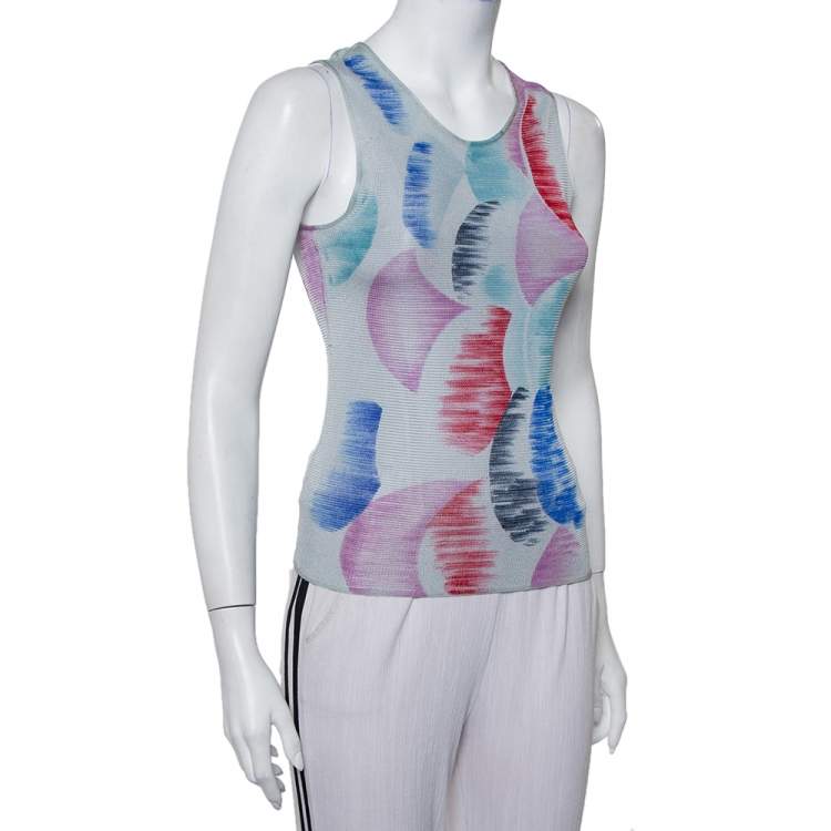Pre Owned Giorgio Armani Grey Watercolor Printed Perforated Knit Tank Top XS